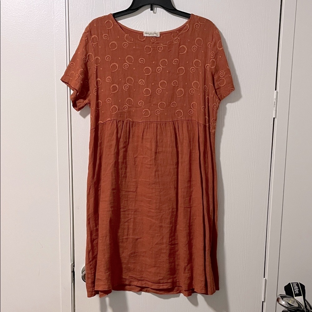 Terzo Millennio Rust Short Sleeve Linen Empire Waist Dress Medium